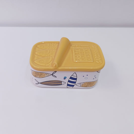 Hand-painted Portuguese Ceramic Soap Box, with colorful sardines painted all over the piece