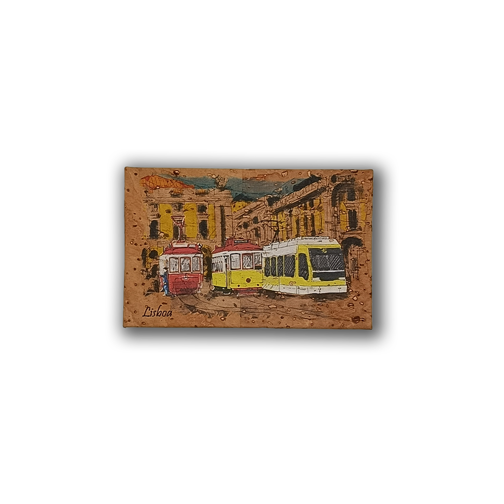The Trams Painting on Cork - Fridge Magnet by New Jamp features two iconic Lisbon trams on a city street with yellow buildings and a blue sky. "Lisboa" is printed in the corner, making it a perfect Lisbon souvenir.