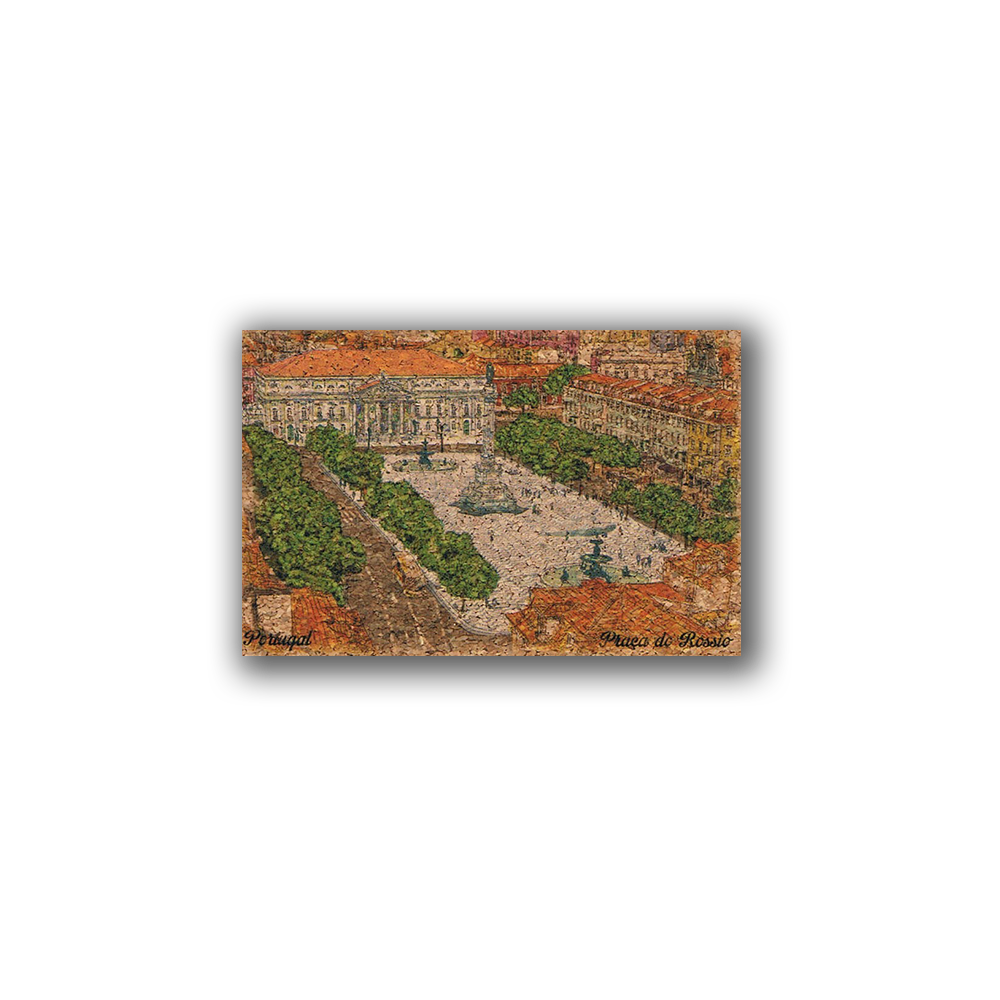 The Paiting of Rossio on Cork - Fridge Magnet by New Jamp features an orange-hued aerial view of Praça do Rossio in Lisbon, with a central fountain, trees, historic buildings, and trams, capturing Portugal's charm on natural cork.