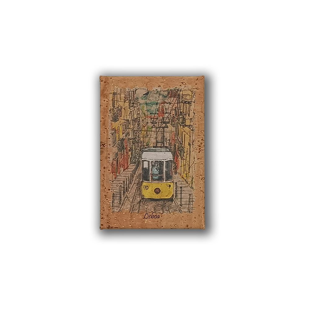 The "Painting of Lisbon's Tram on Cork - Fridge Magnet" by New Jamp features a yellow tram on a colorful street with "Lisboa" below, celebrating vibrant Lisbon—an ideal souvenir made from natural cork.