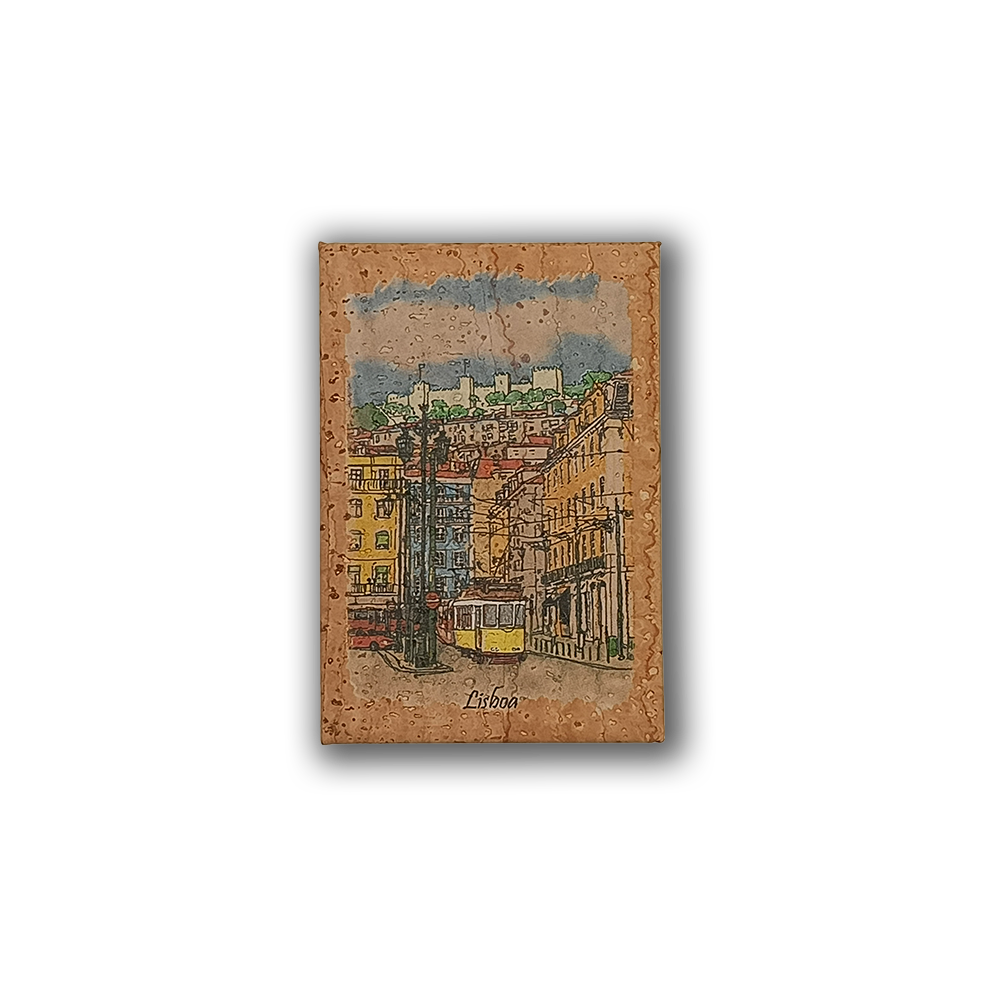 The New Jamp "Painting of Lisbons on Cork" fridge magnet features a vibrant Lisbon street scene with a yellow tram, historic buildings, and "Lisboa" at the bottom—a perfect souvenir capturing Rossio’s charm.