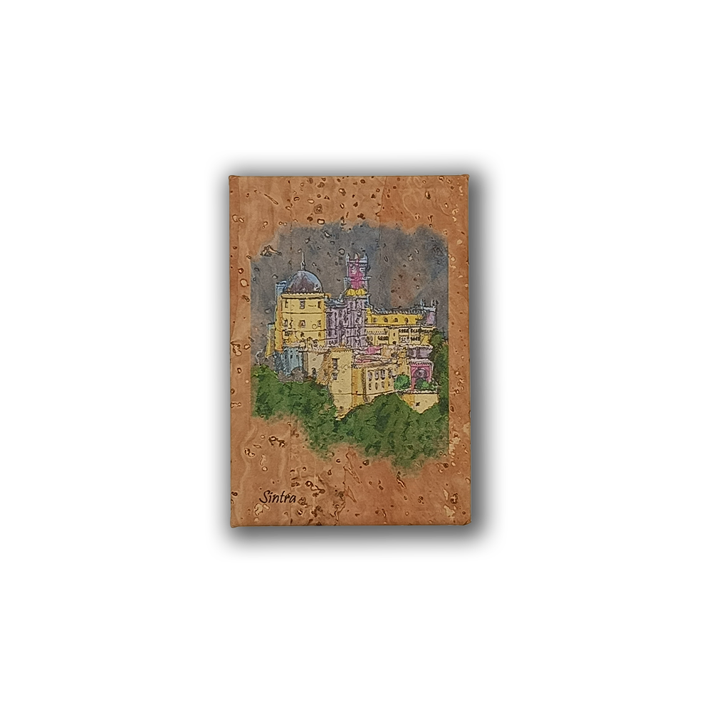 The New Jamp "Painting of the Pena Palace - Fridge Magnet" features a vibrant scene of domes, towers, and greenery on a brown textured background with "Sintra, Portugal" at the bottom—perfect for Lisbon-themed decor.