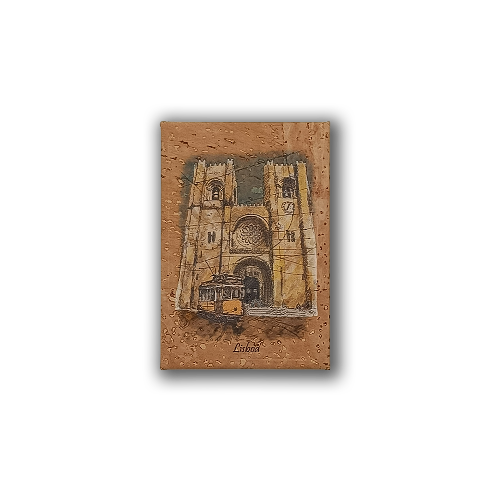 The New Jamp Lisbon Cathedral Painting on Cork Fridge Magnet features a yellow tram by the cathedral on a textured brown cork background, with “Lisboa” below, capturing the city’s charm in a stylish keepsake.