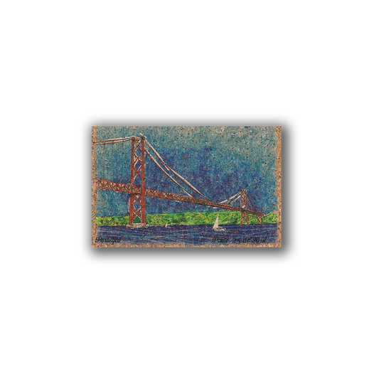The New Jamp "25th April Painting on Cork - Fridge Magnet" features a textured scene of a suspension bridge over a river with a sailboat, green trees, and a blue sky, adding cultural flair to your fridge.