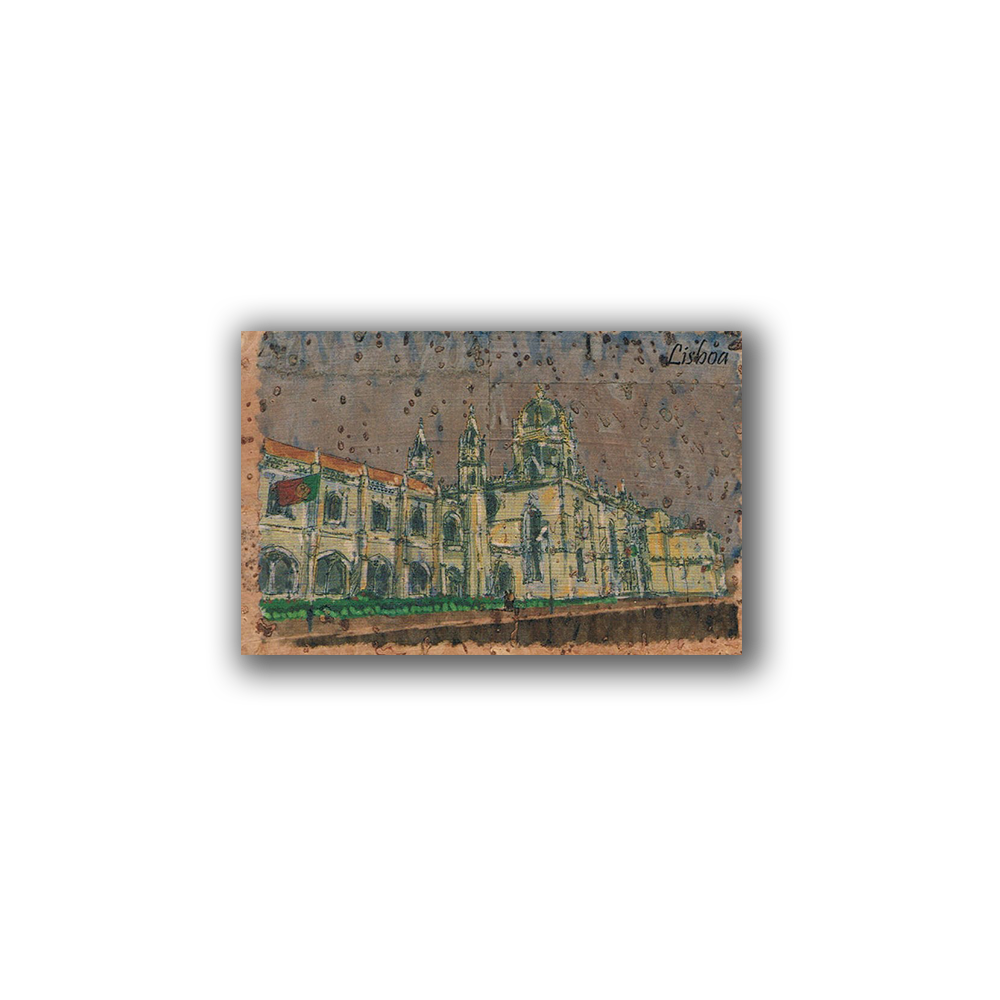 Add a touch of Lisbon to your fridge with the New Jamp Jerónimos Monastery Painting on Cork—this black-framed magnet features a detailed sketch with arches and domes, trees, "Lisboa" in the corner and a textured background.