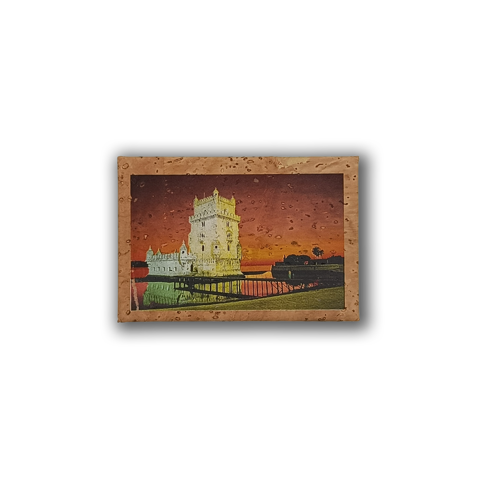 The New Jamp "Tower of Belem - Cork Fridge Magnet" features a framed illustration of the historic Portuguese tower by the water at sunset, set against an orange-red sky with tree silhouettes on the right.