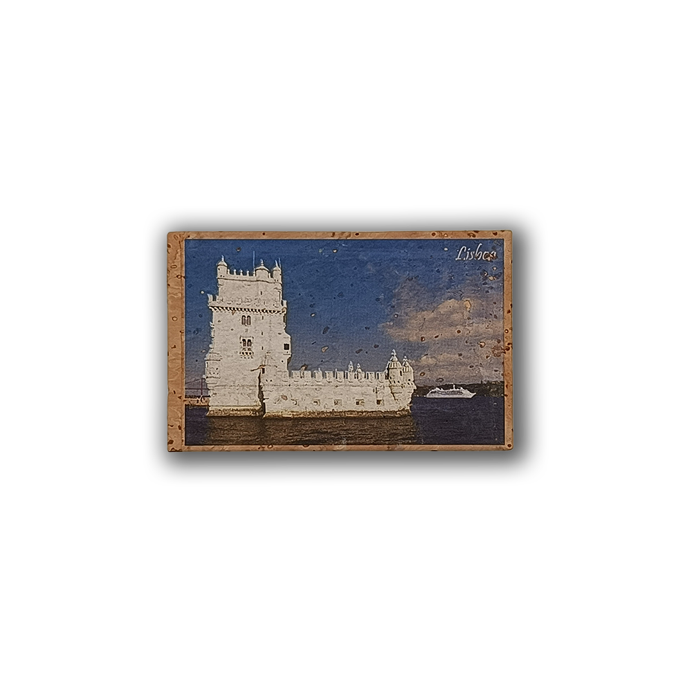 The Tower of Belem - Cork Fridge Magnet by New Jamp features a postcard-style image of Lisbon’s iconic tower, bright blue sky, and boat, with “Lisboa” in the corner—an ideal souvenir for fans of city landmarks.