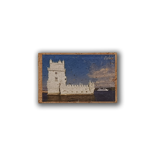 The Tower of Belem - Cork Fridge Magnet by New Jamp features a postcard-style image of Lisbon’s iconic tower, bright blue sky, and boat, with “Lisboa” in the corner—an ideal souvenir for fans of city landmarks.