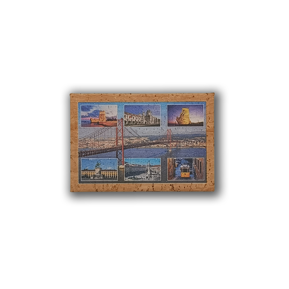 The New Jamp "Lisbon Site - Cork Fridge Magnet" features six iconic Lisbon landmarks, such as Belém Tower, 25 de Abril Bridge, Jerónimos Monastery, Cristo Rei statue, and a yellow tram—an ideal unique cork souvenir.