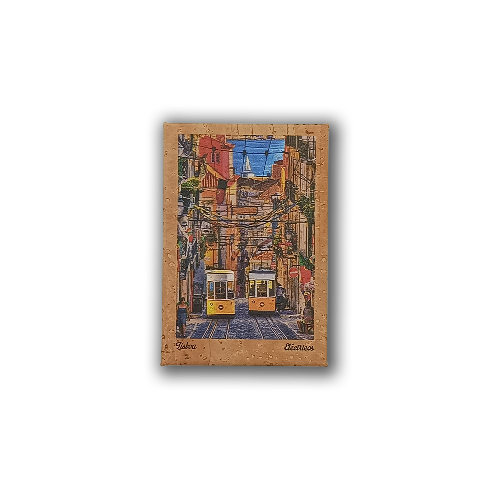 The Lisbon Trams - Cork Fridge Magnet by New Jamp features a vibrant illustration of two yellow trams on a steep Lisbon street with "Lisboa" and "Elétricos" below, capturing the city’s colorful charm.