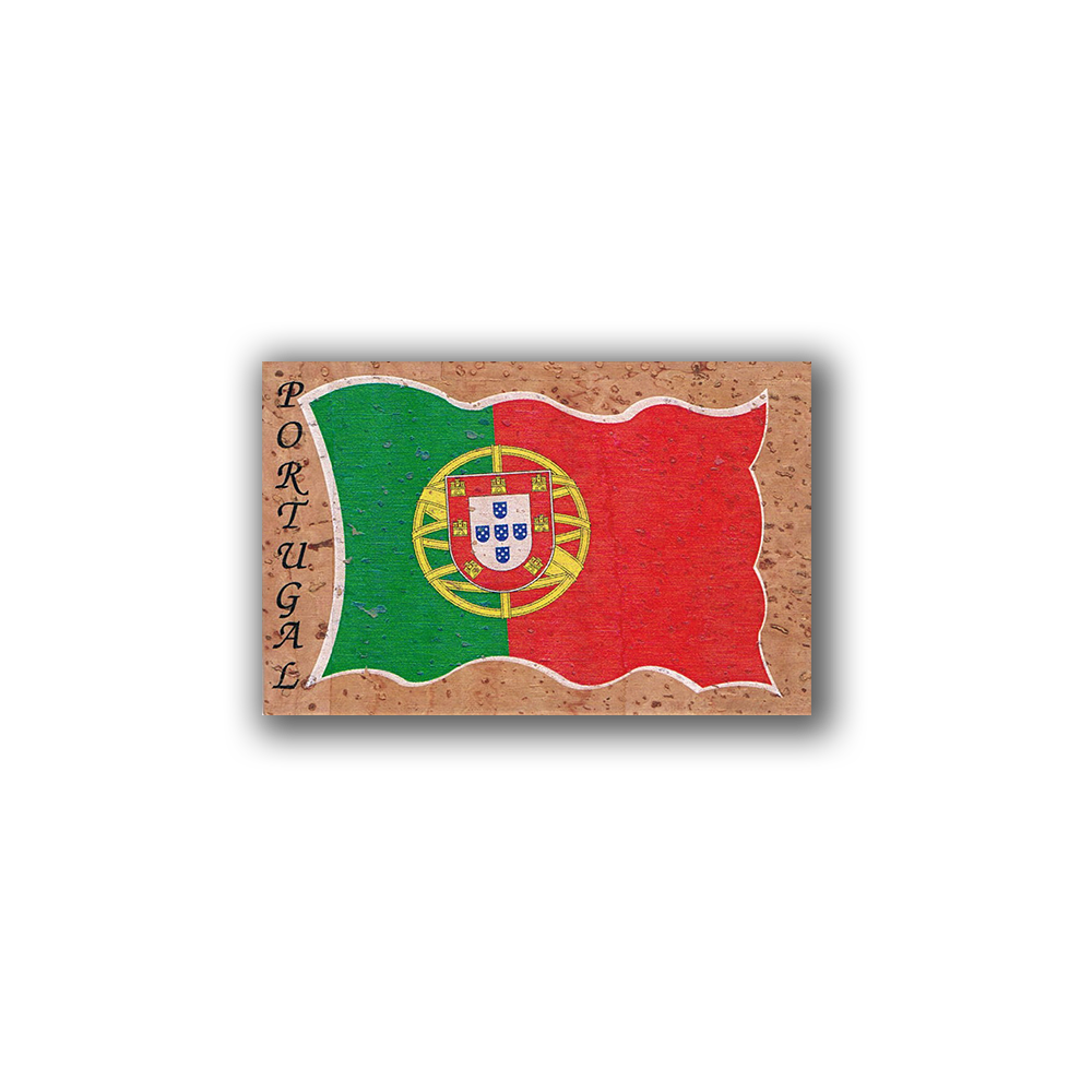 The New Jamp Portuguese Flag - Cork Fridge Magnet features a rectangular image of the flag with a cork-textured background and "PORTUGAL" written vertically, capturing national spirit in a unique Lisbon-inspired design.