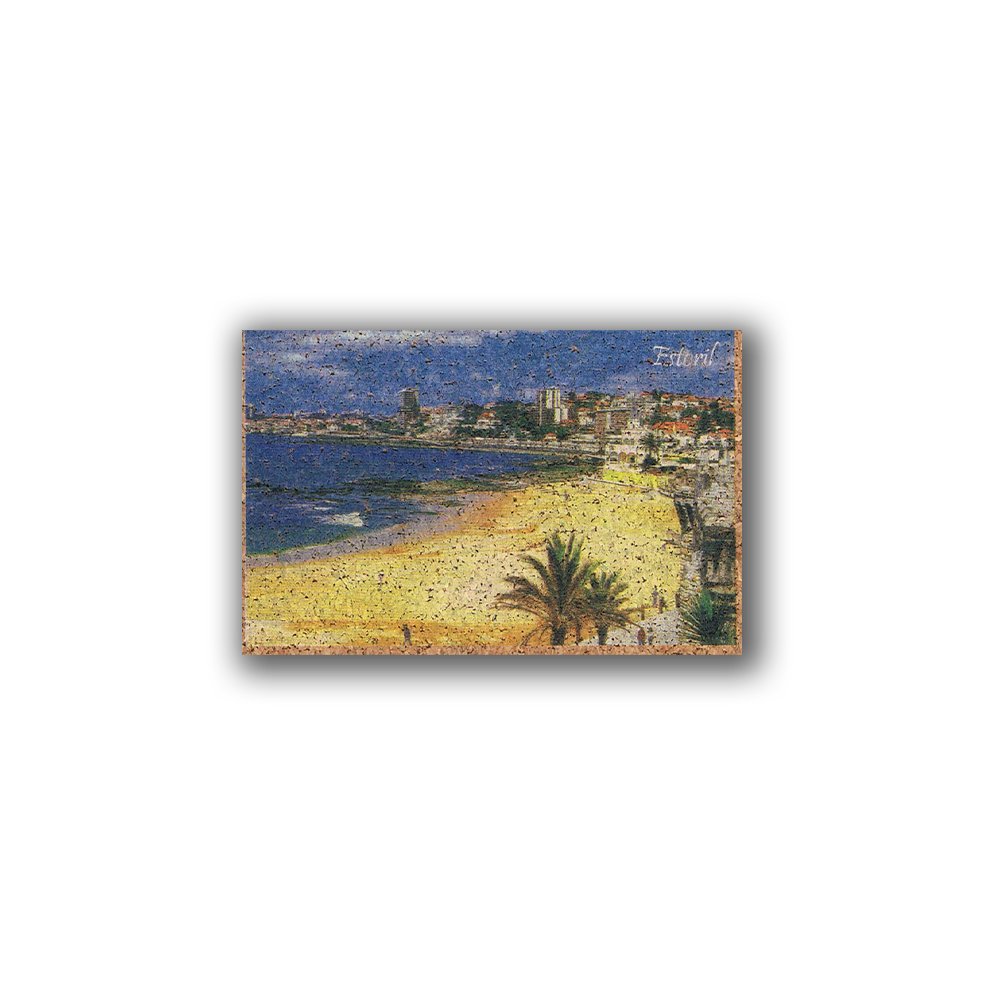 The New Jamp "Estoril Beach" Cork Fridge Magnet features Portugal’s coastline with sandy beaches, blue waves, palm trees, and city buildings beneath a bright sky. “Festival” is printed in the upper right corner on this eco-friendly accessory.
