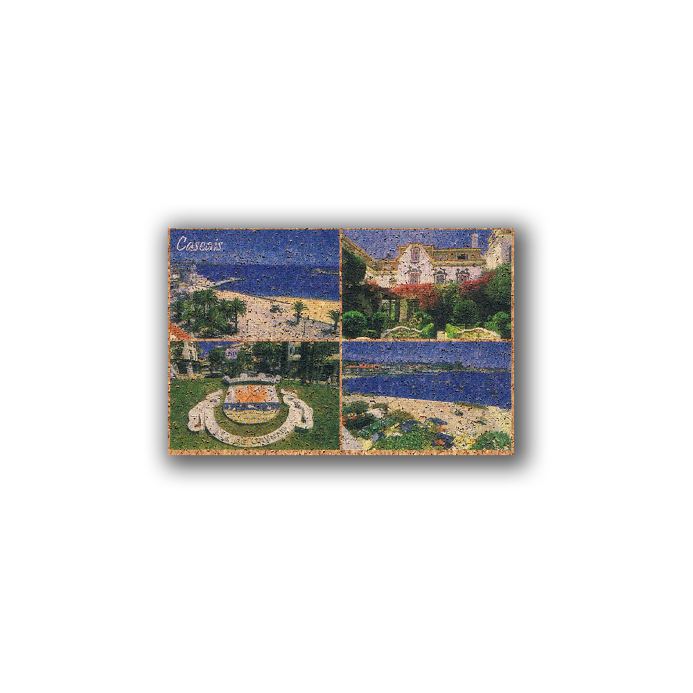 The Featuring Cascais - Cork Fridge Magnet by New Jamp showcases four scenic images—beaches, a pool, and a building—framed in white on black with "Cascais" atop. Includes an eco-friendly cork magnet, perfect for your collection.