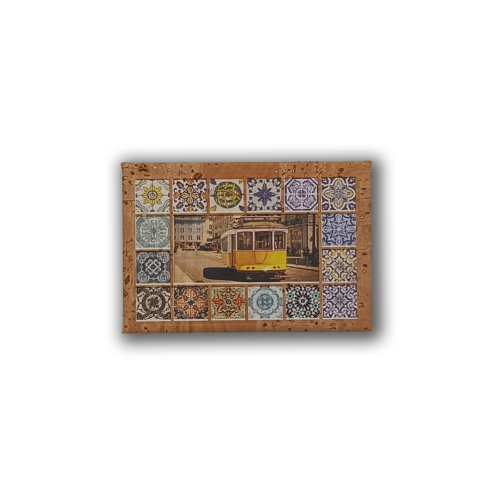 The Lisbon Tiles - Cork Fridge Magnet by New Jamp features a yellow tram on a city street, framed by vibrant patterned tiles—an eco-friendly keepsake or memento from Cascais.