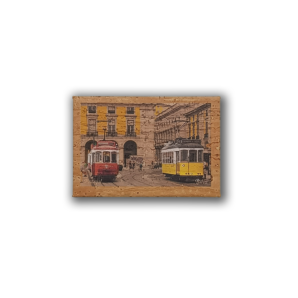 The Yellow & Red - Cork Fridge Magnet by New Jamp features a vintage-style illustration of Lisbon’s iconic red and yellow trams on a lively street, framed in black and capturing classic Portuguese charm.