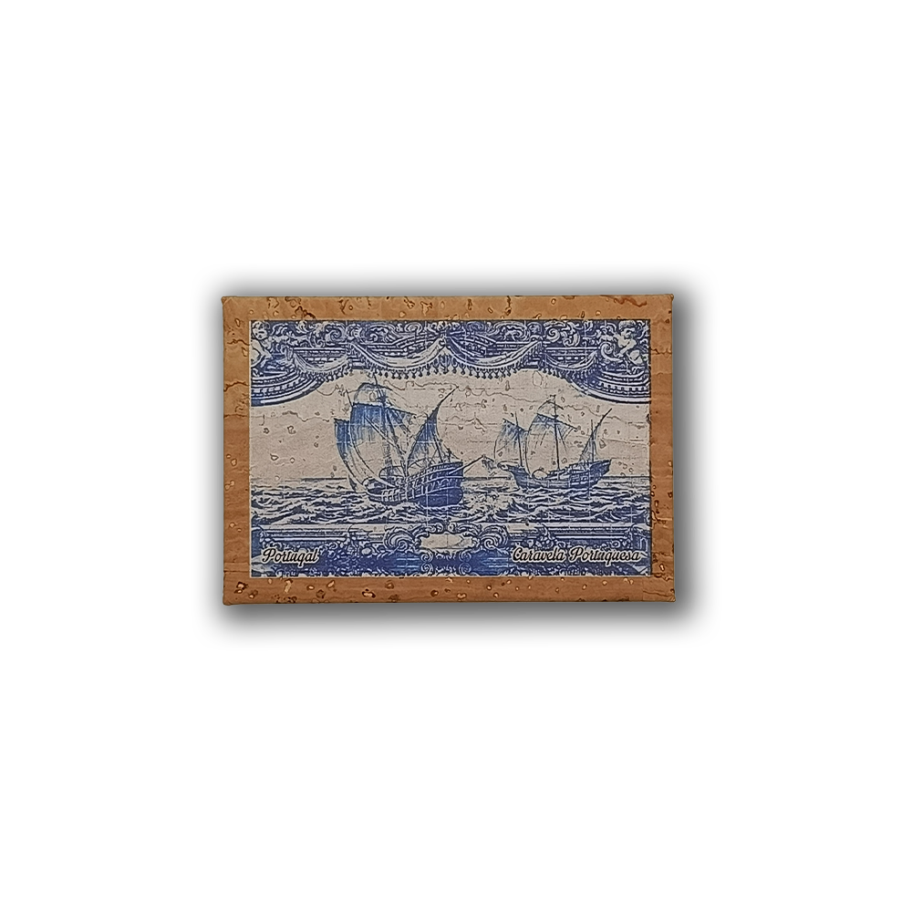 The Navigators Tiles – Cork Fridge Magnet by New Jamp features two old sailing ships in blue ink with waves and clouds. Eco-friendly and evoking Lisbon’s charm, it displays “Portugal” and “Barcos Portugueses” in the lower corners.