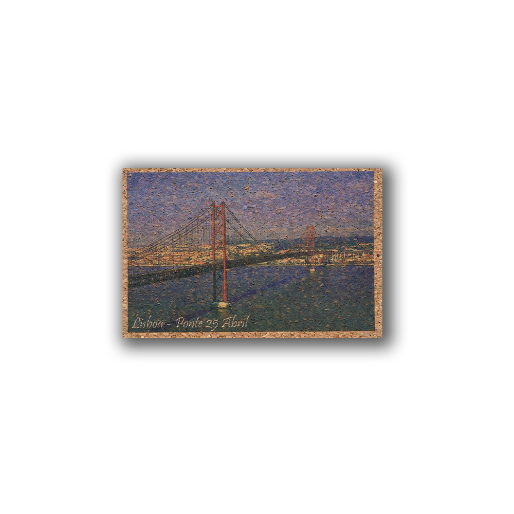 The New Jamp "25ht April - Cork Fridge Magnet" features a postcard-style image of Lisbon’s Ponte 25 de Abril over the river, cityscape in the background, and “Lisbon - Ponte 25 de Abril” on the bottom left, capturing Portuguese charm.
