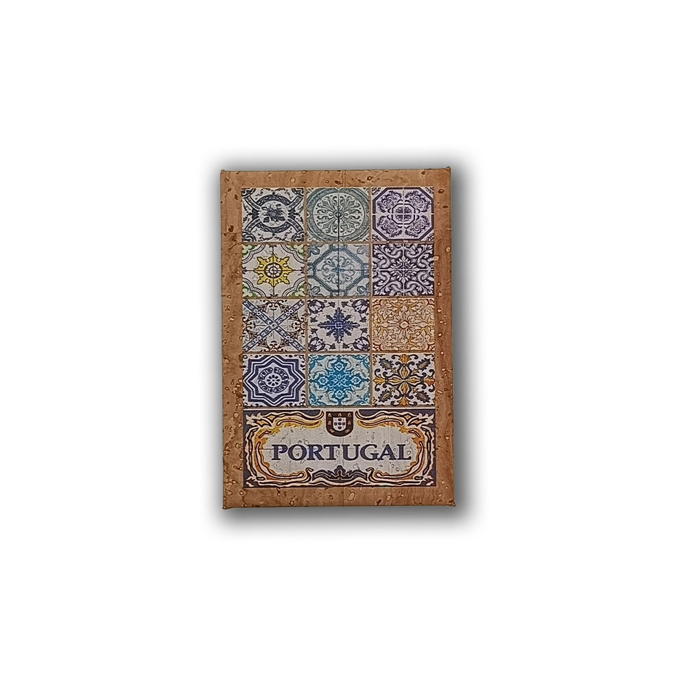 The Tiles - Cork Fridge Magnet by New Jamp is an eco-friendly magnet with vibrant Portuguese tile patterns above "Portugal" and a small coat of arms, all bordered in cork.