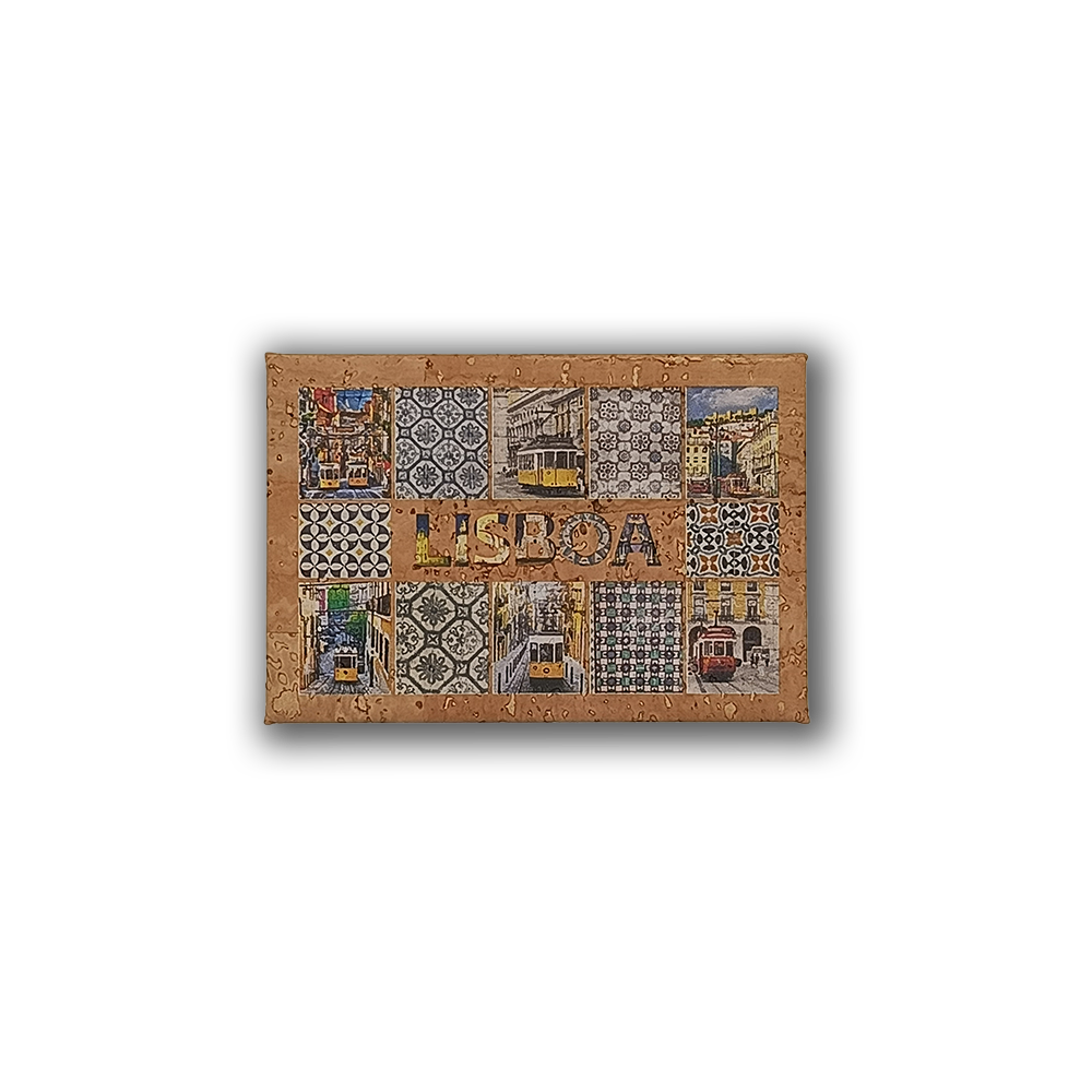 The Tiles & Trams - Cork Fridge Magnet by New Jamp captures Lisbon’s charm with colorful trams, buildings, “LISBOA,” and iconic tile patterns—a perfect rectangular Portuguese souvenir.