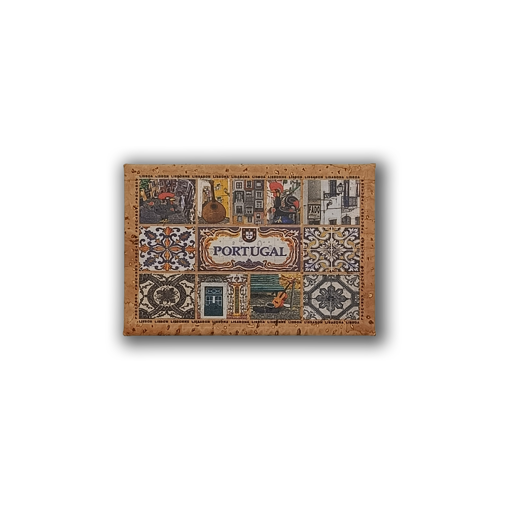 The Lisbon in Images - Cork Fridge Magnet by New Jamp features "Portugal" at the center, surrounded by colorful buildings, guitar, and traditional Lisbon tile-inspired designs—an eco-friendly souvenir.