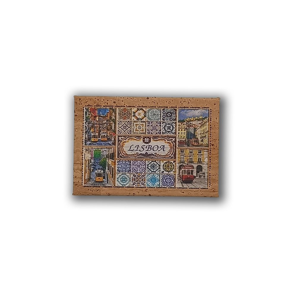 The Remember Lisbon - Cork Fridge Magnet by New Jamp is an eco-friendly Lisbon souvenir with tile-style city scenes, iconic trams, colorful buildings, "LISBOA" at the center, and blue decorative patterns.