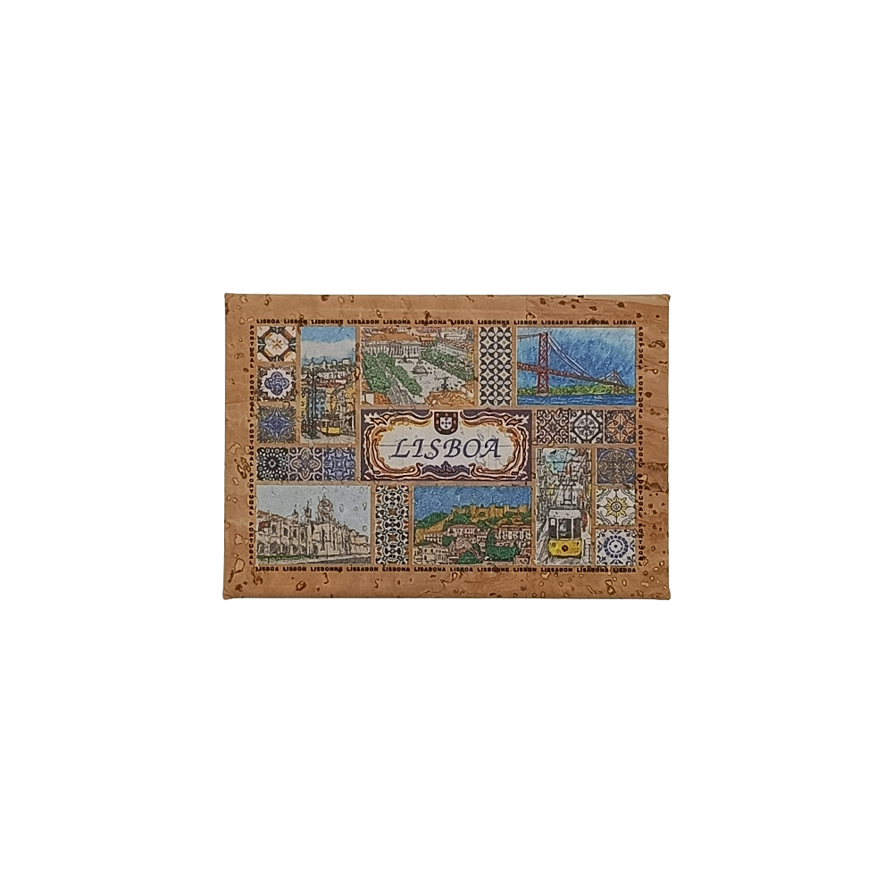 The New Jamp Painting & Tiles - Cork Fridge Magnet features colorful Lisbon landmarks, trams, bridges, and tiles with "Lisboa" in the center—an eco-friendly cork keepsake for your fridge.
