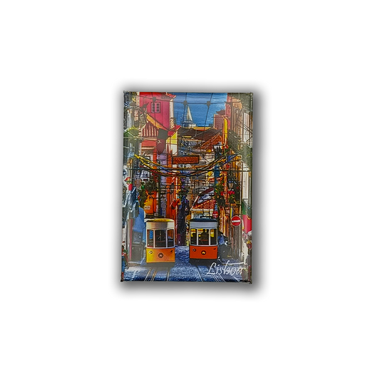 The Lisbon Iconic Trams - Fridge Magnet by New Jamp features a vibrant street scene with two yellow and orange trams, colorful buildings, laundry, and city wires—capturing the lively urban charm of Lisbon for your fridge.