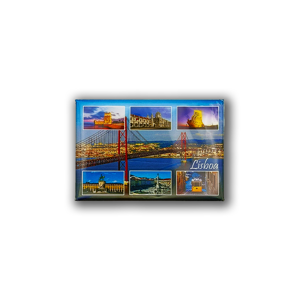 The Lisbon Iconics Places Fridge Magnet by New Jamp features a collage of landmarks like the 25 de Abril Bridge, historic sites, a statue, and "Lisboa" in white script—a perfect Portuguese keepsake.