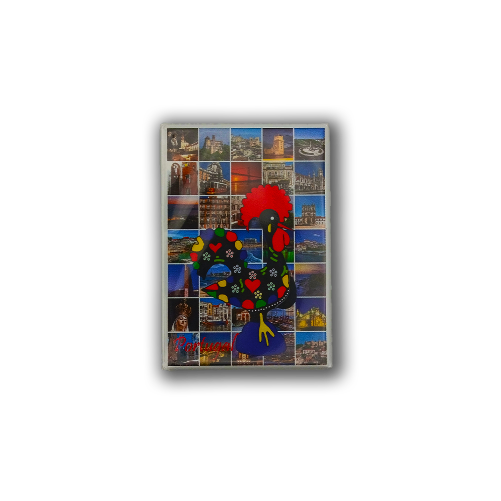The New Jamp "Portugal Charm & Images - Fridge Magnet" features a vibrant rooster with floral designs, set over Lisbon landmark photos and "Portugal" in red text—an ideal travel souvenir or decorative fridge magnet.