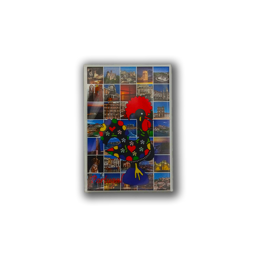 The New Jamp "Portugal Charm & Images - Fridge Magnet" features a vibrant rooster with floral designs, set over Lisbon landmark photos and "Portugal" in red text—an ideal travel souvenir or decorative fridge magnet.