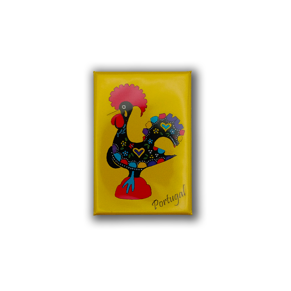 The Barcelos Rooster - Fridge Magnet by New Jamp features a vibrant rooster with hearts and dots on a yellow background, celebrating Portuguese culture. "Portugal" appears in the corner, evoking traditional hand-painted tiles.