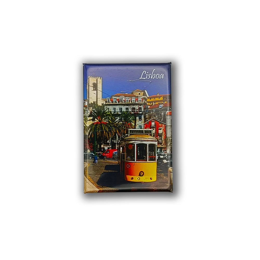 The New Jamp Lisbon Tram, Figueira - Fridge Magnet features a vibrant tram on a sunny Lisbon street with palm trees and historic buildings, plus a Barcelos Rooster and "Lisboa" in white at the top, making a charming Portugal souvenir.