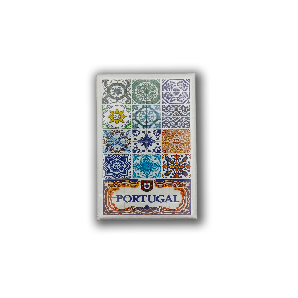The New Jamp "Photo of Tiles" fridge magnet features twelve colorful Portuguese tile designs above "Portugal" in blue letters, framed by ornate blue, orange, and gold patterns on white—a perfect souvenir for Figueira Square fans.