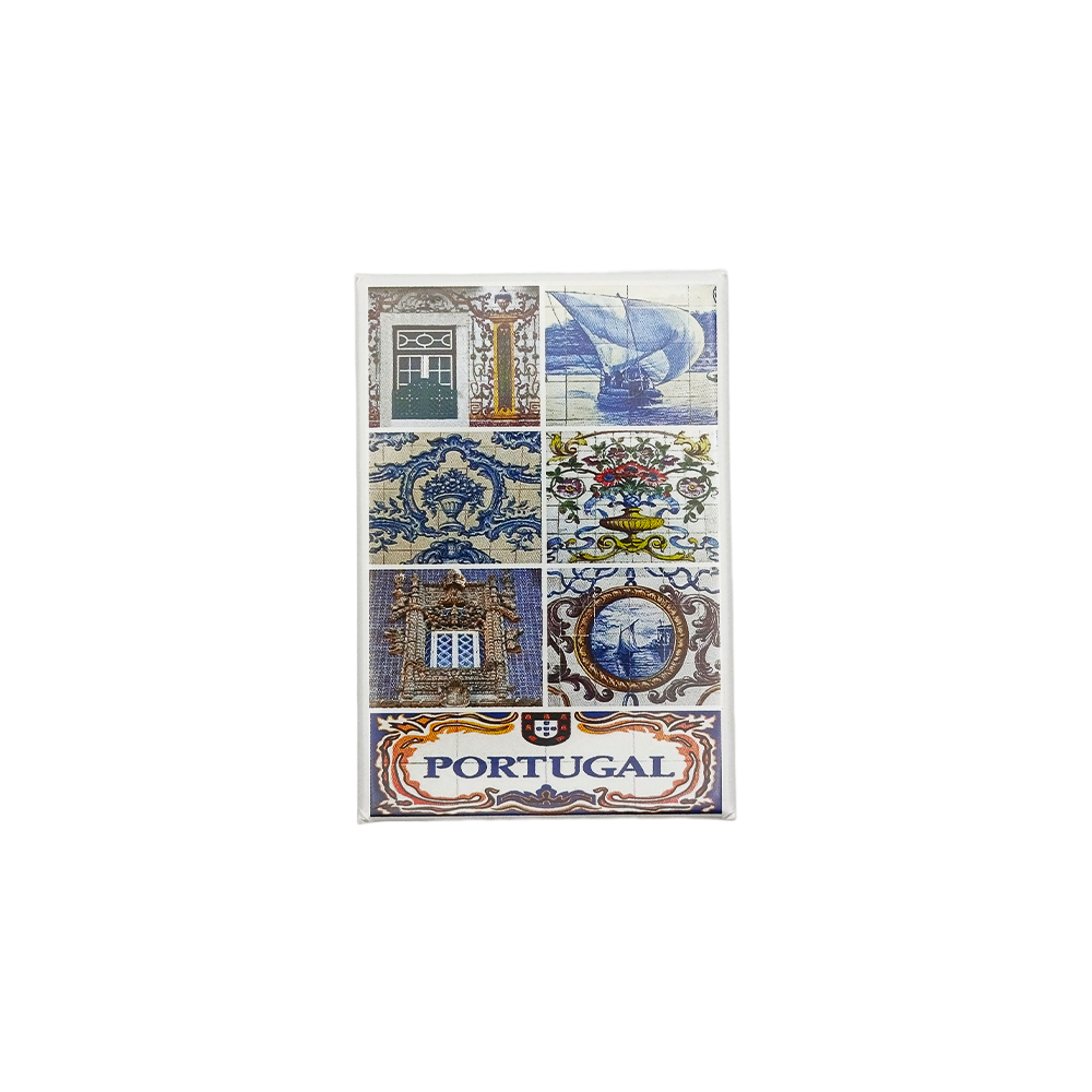 The New Jamp Portuguese Art Fridge Magnet displays six traditional blue and white designs inspired by Portugal, featuring a sailing ship, a castle, ornate patterns, and "Portugal" at the bottom.