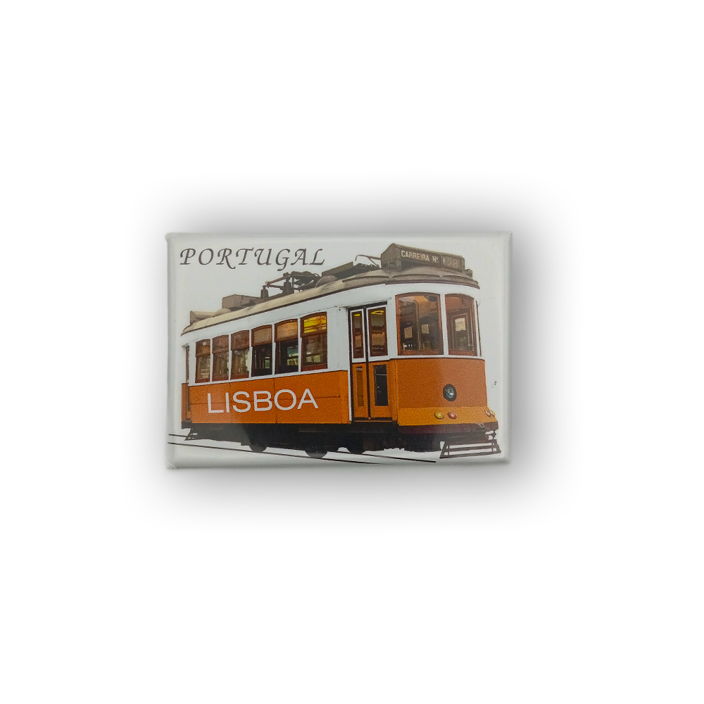 The Tram - Fridge Magnet by New Jamp showcases an old-fashioned orange tram labeled "LISBOA" with "PORTUGAL" above it, celebrating Portuguese culture on a white background with a black border.