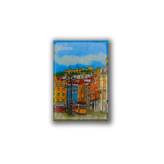 The New Jamp Lisbon Painting - Fridge Magnet features a colorful illustration of Lisbon’s vibrant buildings, yellow tram, and blue sky with "Lisboa" at the top—an ideal gift or souvenir for Portugal lovers.
