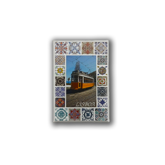 The New Jamp Portuguese Tiles - Fridge Magnet features a yellow Lisbon tram labeled "Lisboa," framed by vibrant ceramic tile patterns on a sleek black background.