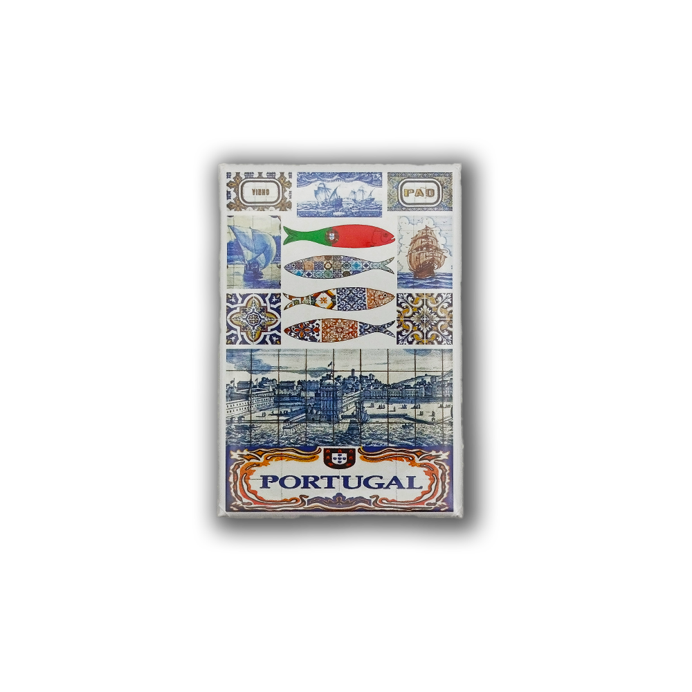Showcasing "PORTUGAL" with Portuguese tiles, colorful sardines, a ship, and blue-and-white art, New Jamp's Portuguese Art - Fridge Magnet is the perfect Lisbon keepsake or magnet pair. White background with a black border.