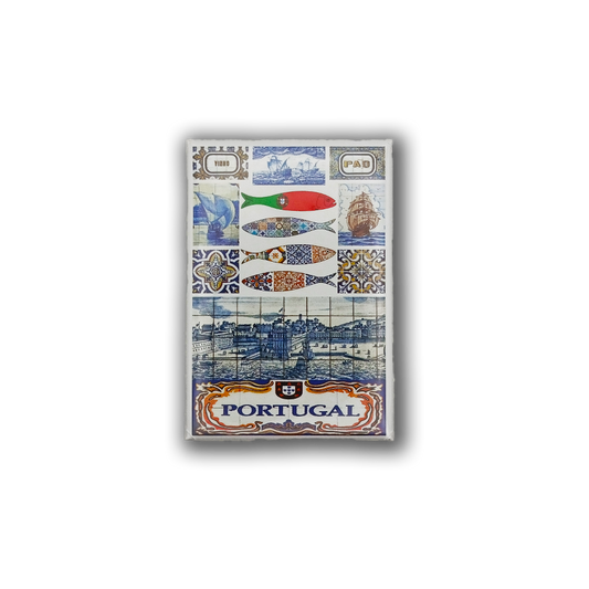 Showcasing "PORTUGAL" with Portuguese tiles, colorful sardines, a ship, and blue-and-white art, New Jamp's Portuguese Art - Fridge Magnet is the perfect Lisbon keepsake or magnet pair. White background with a black border.