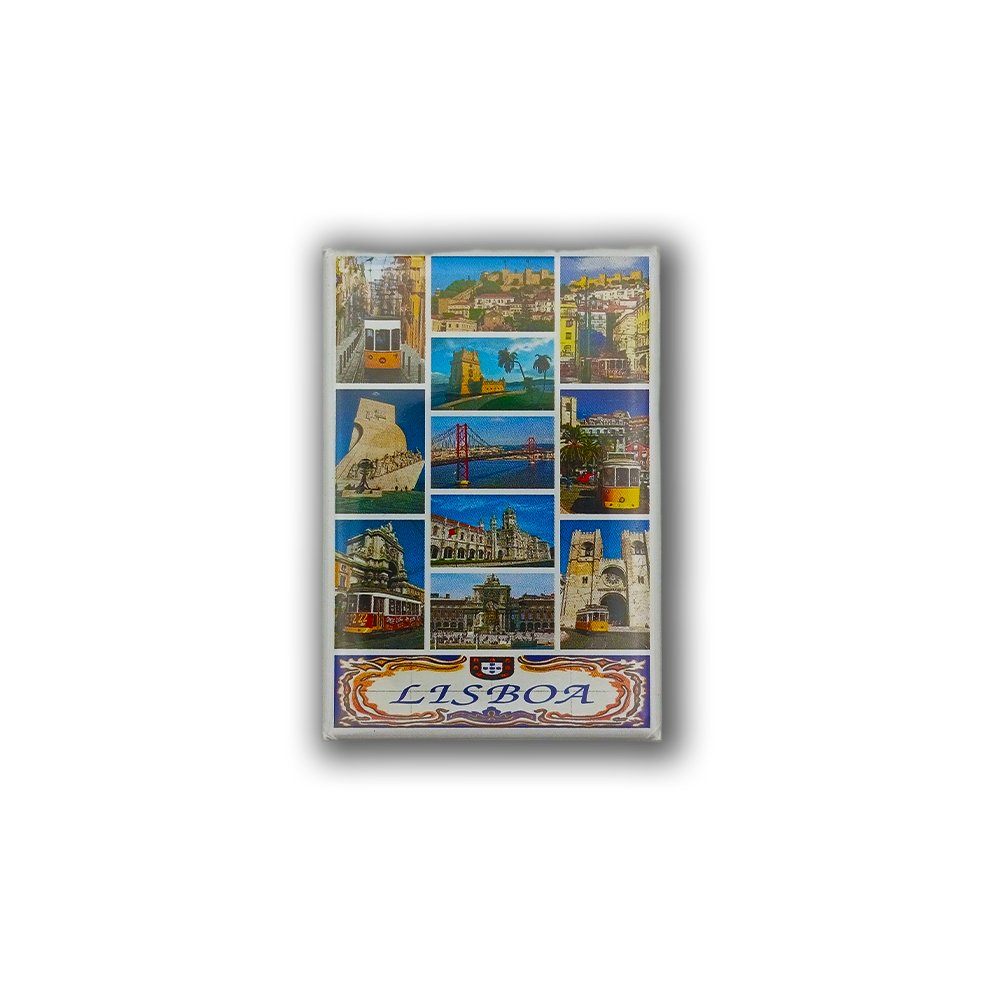 The Lisbon Landmarks - Fridge Magnet by New Jamp features vibrant images of Lisbon's iconic sites, ceramic tiles, historic buildings, and cityscapes with "Lisboa" written decoratively at the bottom.