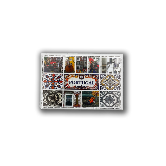 The New Jamp Barcelos & Tiles - Fridge Magnet showcases "Portugal" at its center, surrounded by vibrant images of iconic Lisbon tiles, trams, architecture, and traditional symbols in a colorful grid design.