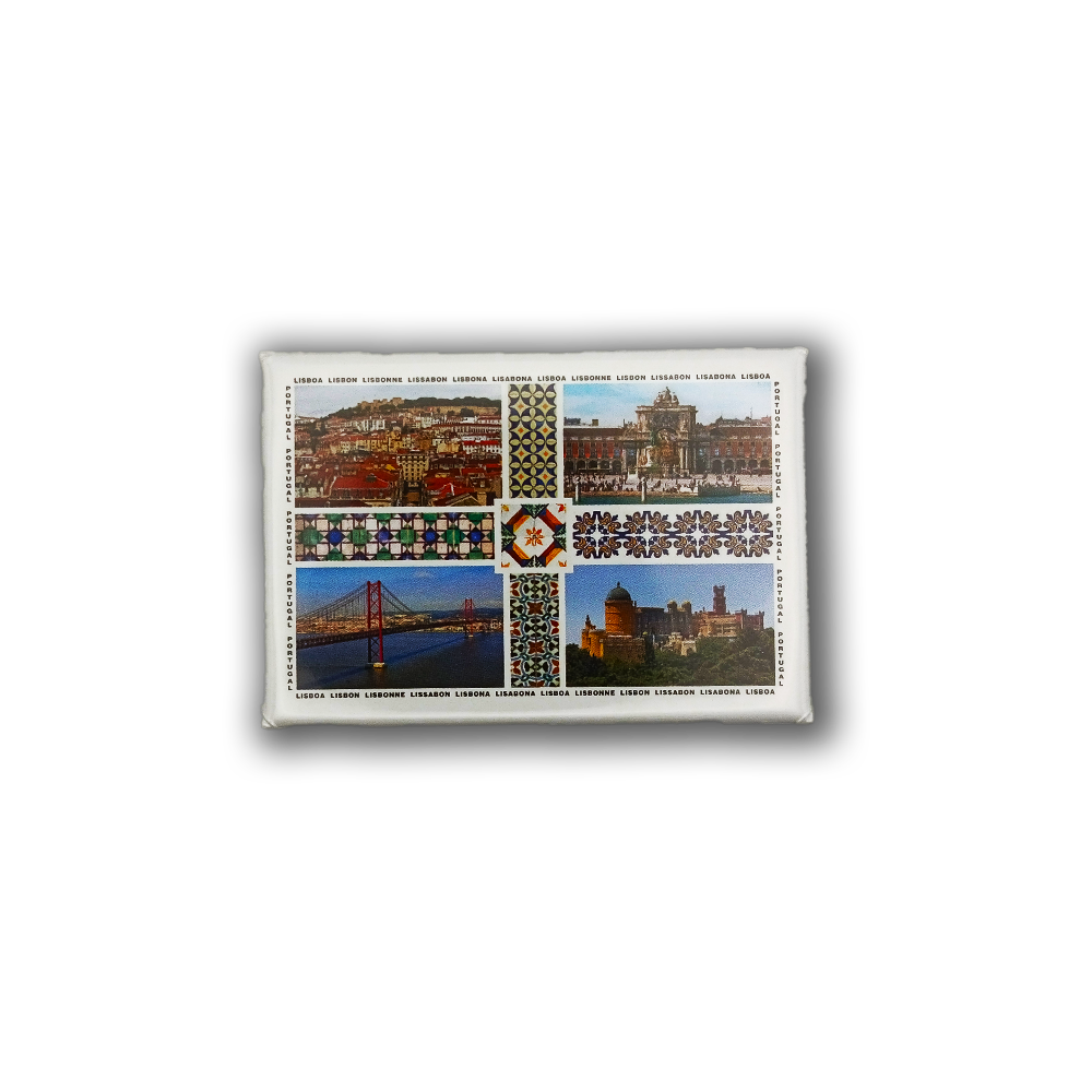 The New Jamp Pena Palace & Lisbon fridge magnet showcases Lisbon’s notable bridges and historic architecture, featuring cityscape images, traditional patterns, and "Lisabon" printed along the decorative borders.