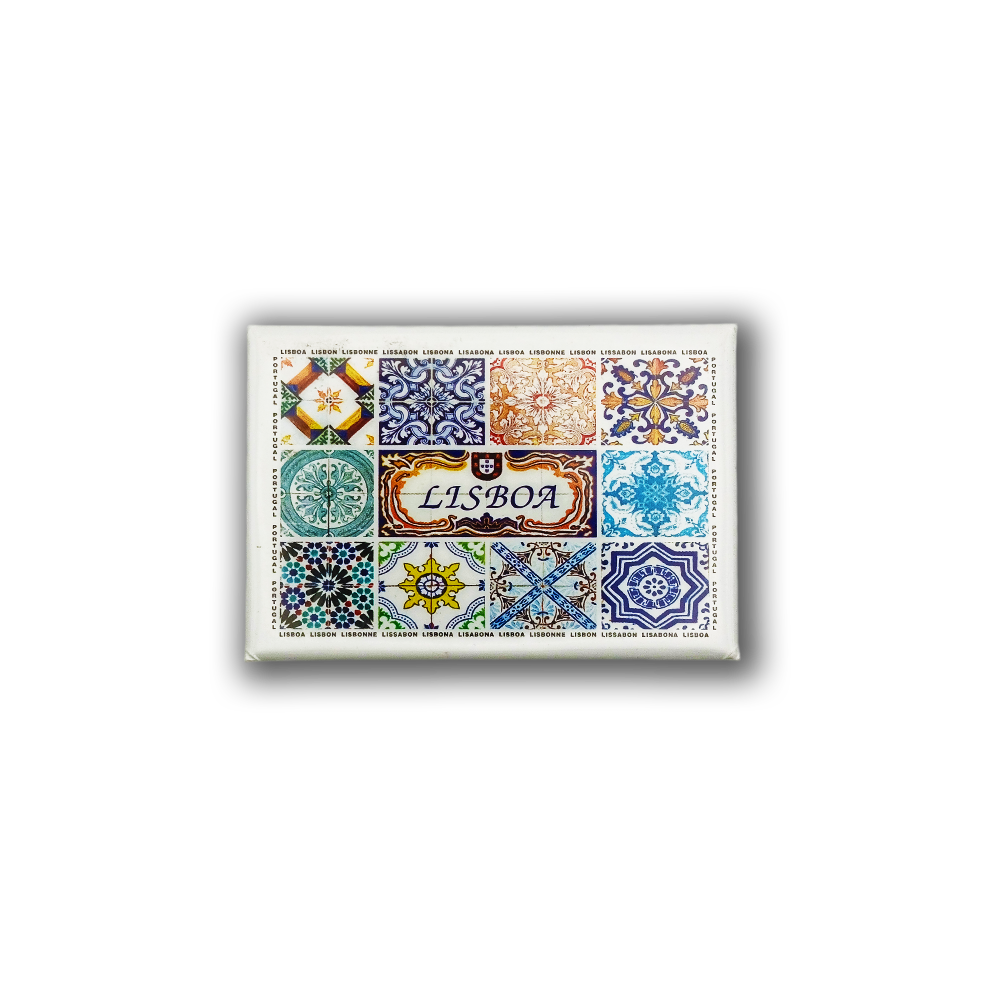 New Jamp's Vibrant Tiles - Fridge Magnet features a grid of colorful, decorative Lisbon-inspired tiles with geometric and floral patterns on a white background. "Lisboa" is displayed on the center tile.