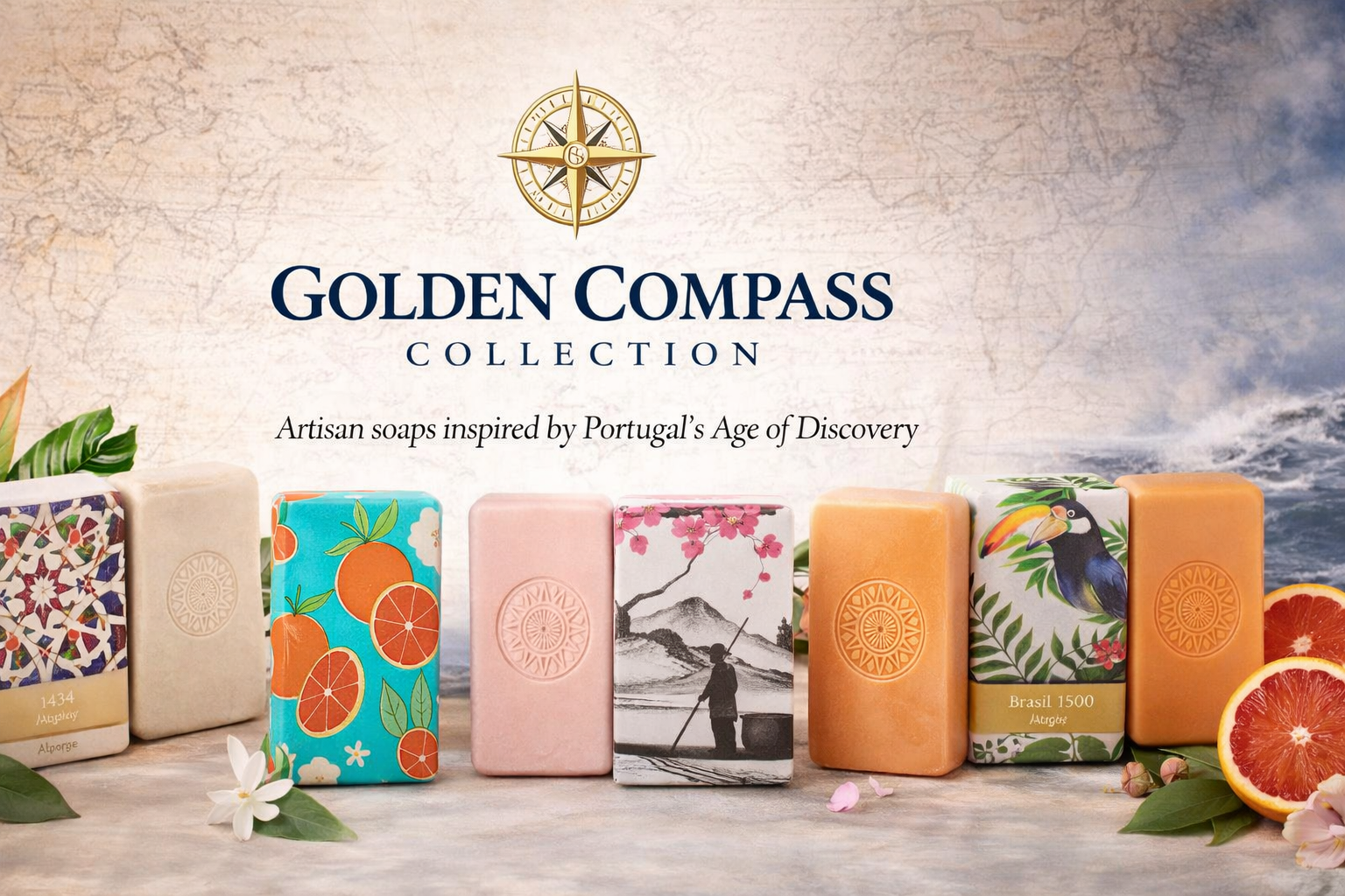 Six colorful artisan soap bars with artistic designs are arranged in a row with flowers and fruit slices. Text above reads: "Golden Compass Collection: Artisan soaps inspired by Portugal’s Age of Discovery.