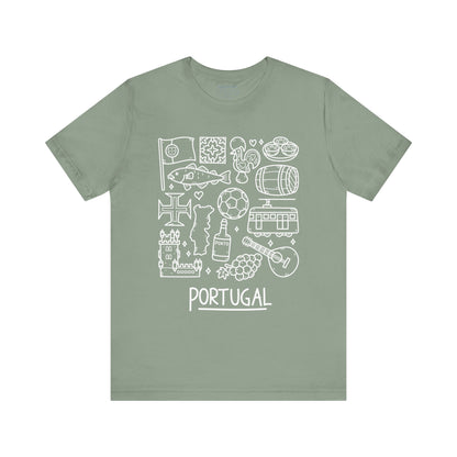 The Portuguese Doodles Jersey by Printify is a green unisex tee adorned with white illustrations of various Portuguese cultural symbols, such as a flag, tile, pastries, fish, barrel, guitar, grapevine, and iconic buildings. The word "PORTUGAL" is printed in capital letters at the bottom. Made from breathable and lightweight fabric for ultimate comfort.