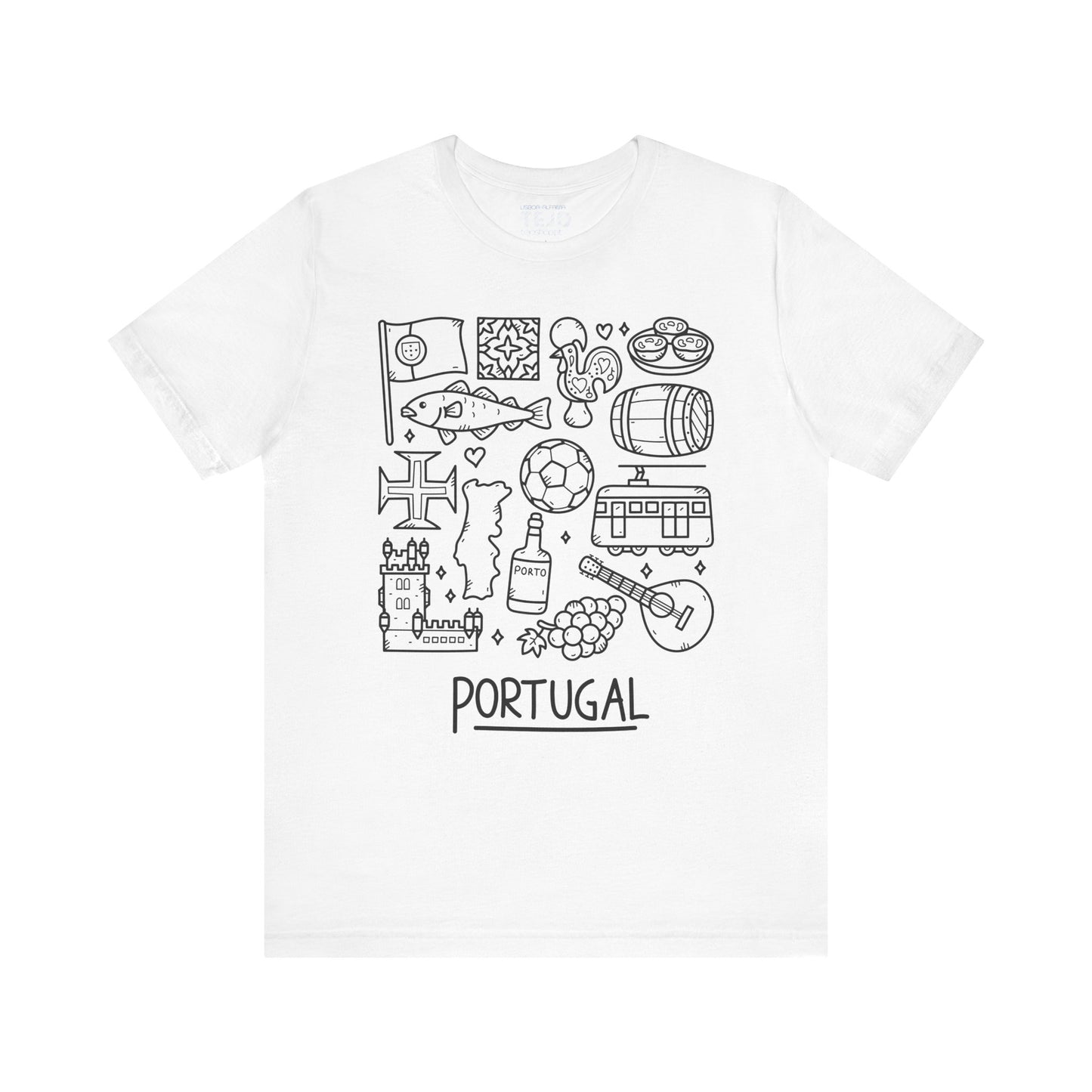 The Portuguese Doodles Jersey by Printify is a white unisex short sleeve tee, adorned with black line art illustrations inspired by Portugal. The images include the Portuguese flag, fish, a soccer ball, a barrel, grapes, a guitar, and various architectural elements. Below these illustrations is the word "Portugal." Made from 100% Airlume cotton by Bella+Canvas.