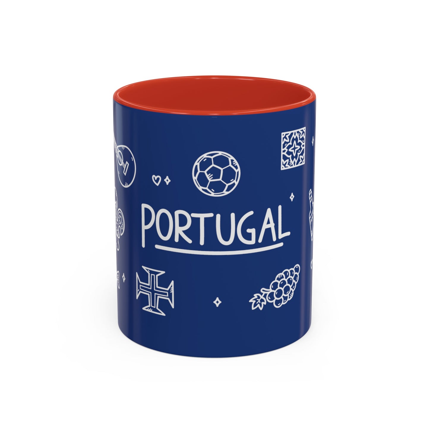 The "Portugal Doodles Coffee Mug" by Printify is a stylish blue ceramic mug with a vibrant red interior, adorned with white illustrations that celebrate Portuguese culture. The designs include a soccer ball, grape bunches, an emblem, and the word "PORTUGAL" prominently displayed in the center. This lead and BPA-free mug also features an ergonomic handle for comfortable use.