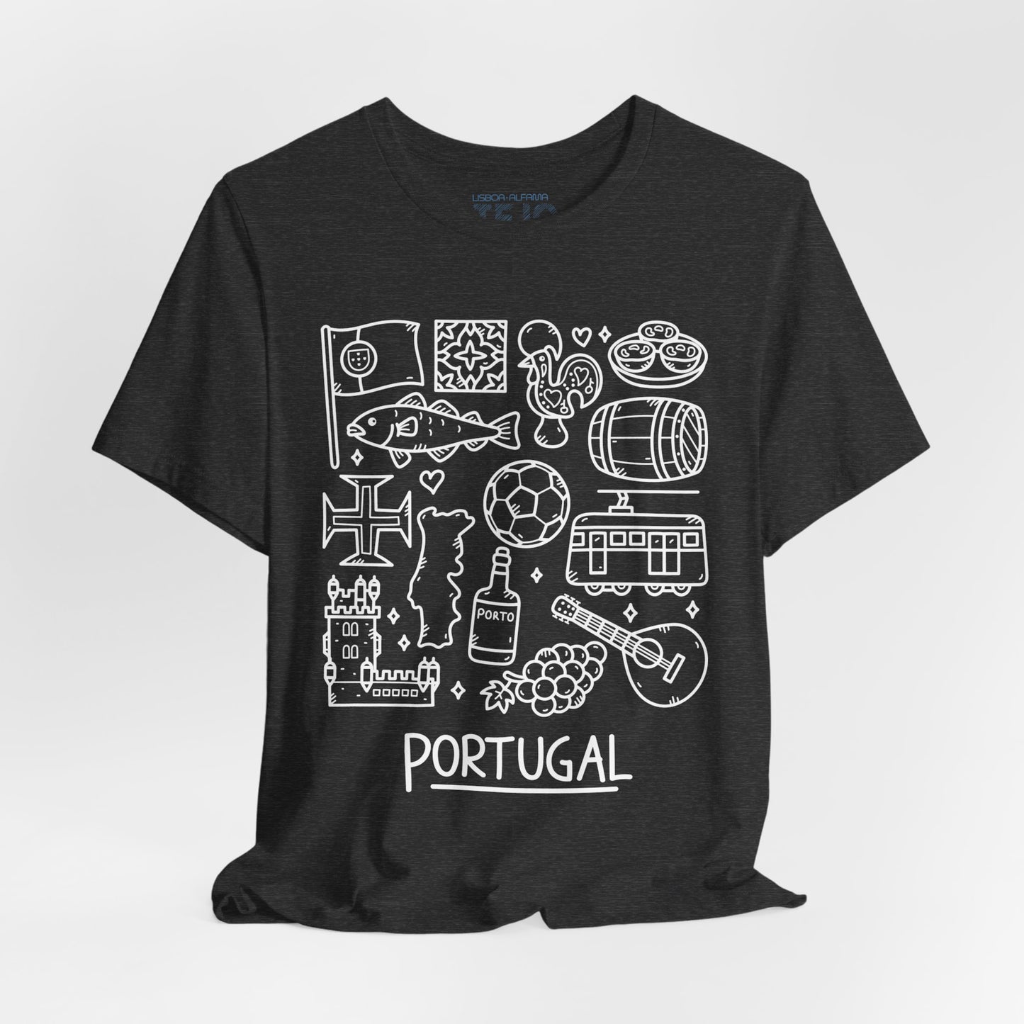 The Portuguese Doodles Jersey from Printify is a black Bella+Canvas t-shirt, adorned with white line drawings symbolizing Portugal. It showcases illustrations of a flag, fish, traditional pastries, a wine barrel, a ship, a guitar, a tram, the map of Portugal, a castle, football imagery, wine glasses and bottles along with the word "PORTUGAL" at the bottom. Crafted from soft cotton in an unisex jersey short sleeve tee design.