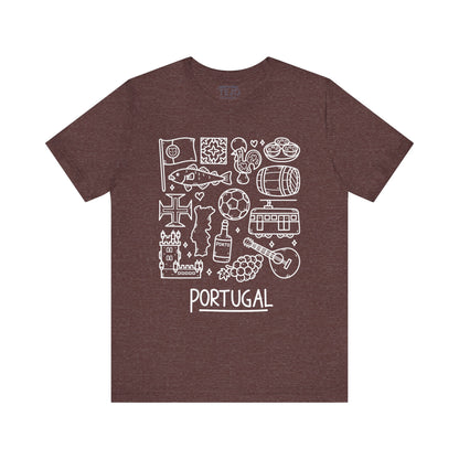 The Portuguese Doodles Jersey by Printify is a maroon T-shirt made from lightweight fabric, showcasing a series of white line drawings that represent Portugal. The images include a castle, grapes, a guitar, a rooster, wine barrels, a soccer ball, a fish, and traditional patterns. The word "PORTUGAL" is written at the bottom of this breathable unisex jersey tee.