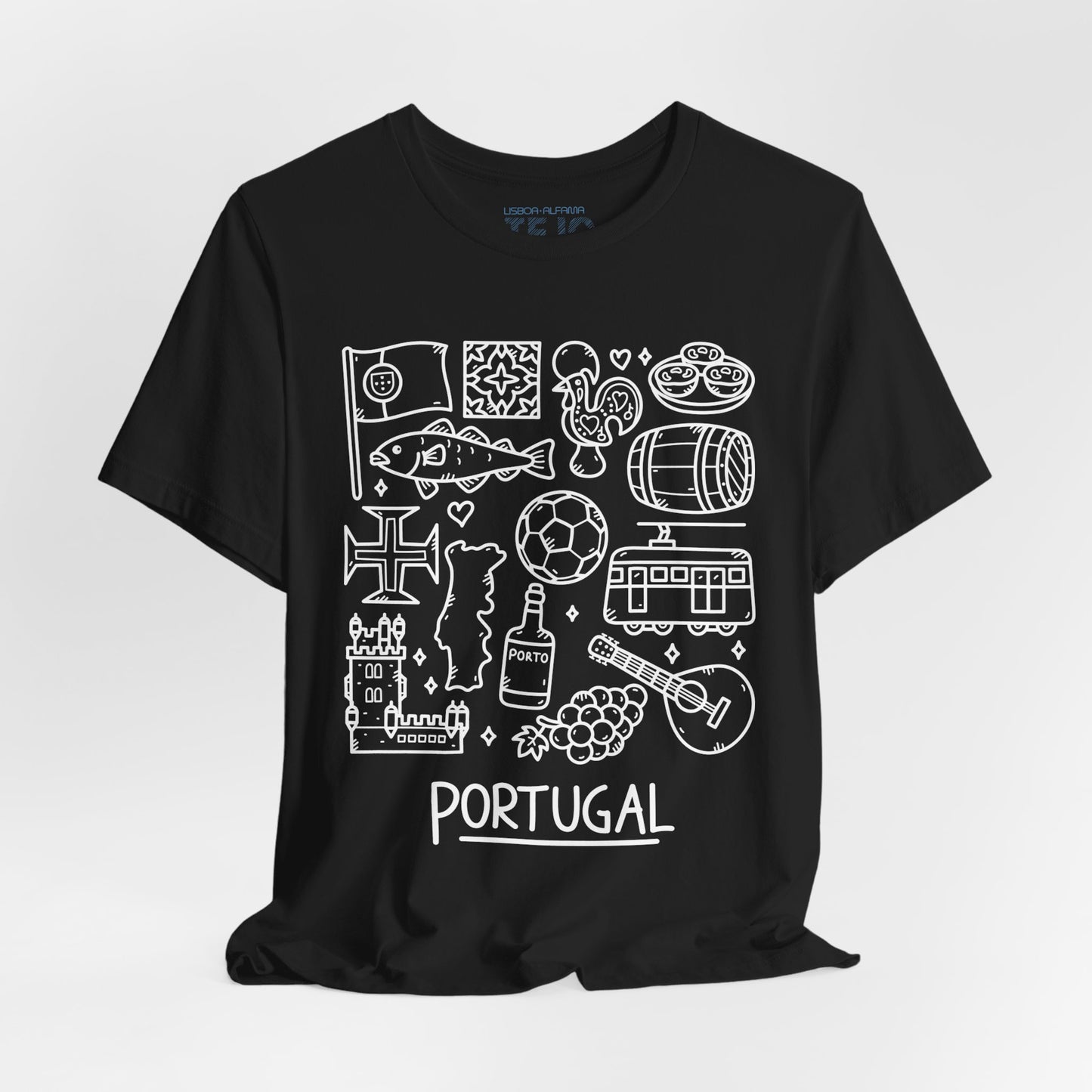 The Portuguese Doodles Jersey by Printify is a stylish and breathable unisex black T-shirt made from lightweight fabric. It features white line art illustrations representing Portugal, including designs of a flag, codfish, soccer ball, tram, guitar, barrel, tiles, and other cultural symbols. The word "PORTUGAL" is prominently displayed at the bottom.